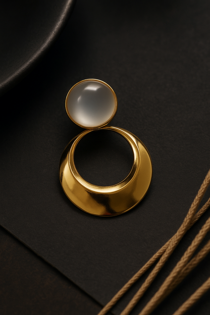 Chic gold half-moon drop earrings with a creamy white orb accent, sophisticated everyday wear, versatile jewelry