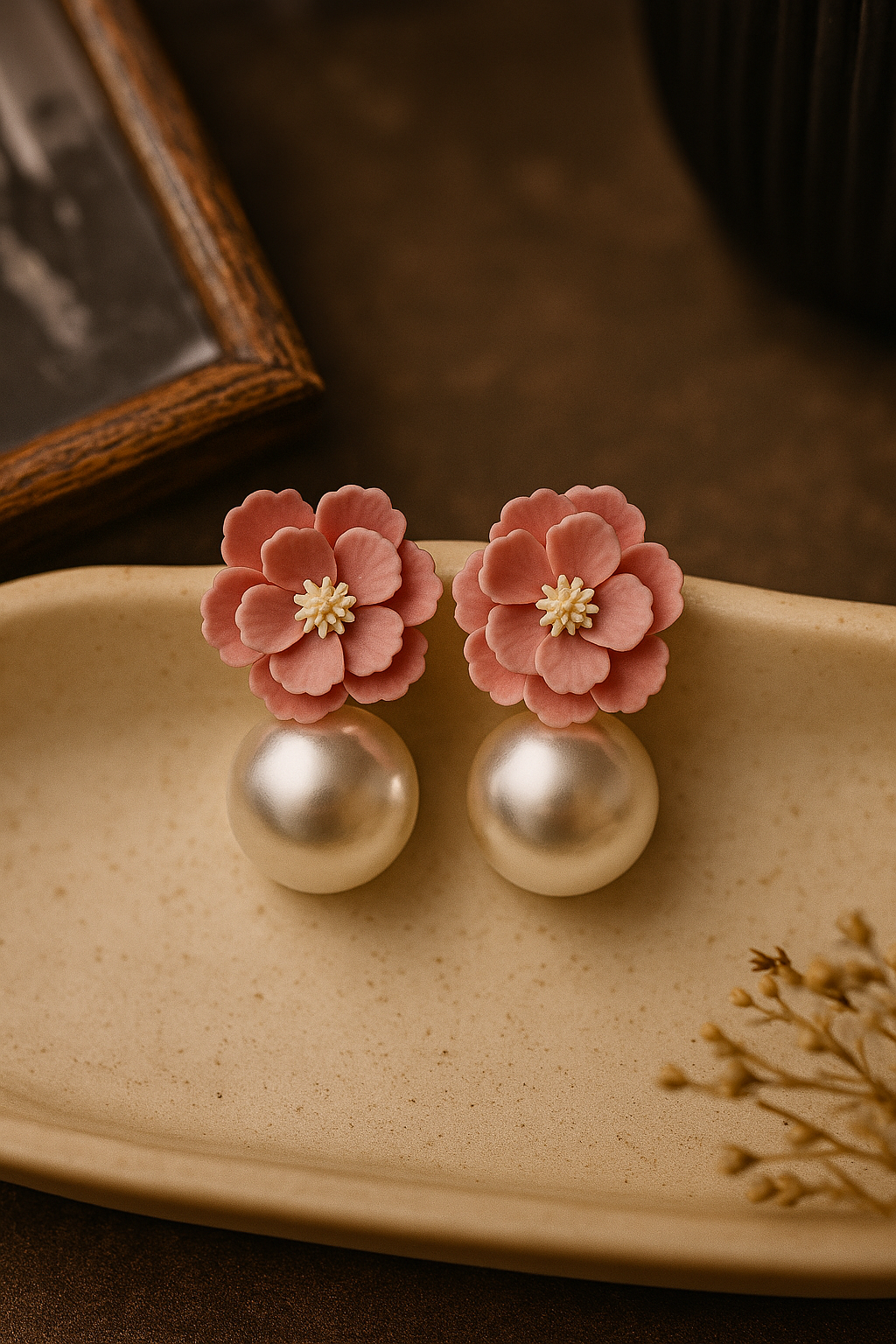 Chic pastel pink floral stud earrings with glossy pearl drops – designer fashion accessory