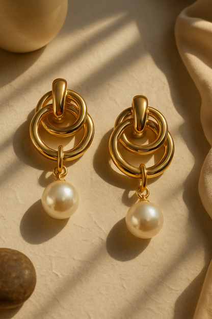 Chunky gold anti-tarnish double hoop earrings with pearl drop – modern vintage style for women