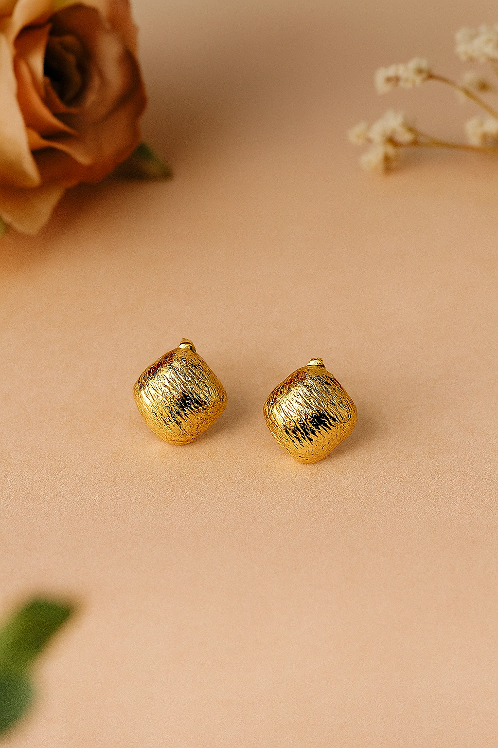 Textured Gold Square Stud Earrings | Hammered Cushion Shape Jewelry | Kurlywurly Store