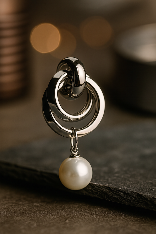 Contemporary silver-plated anti-tarnish earrings featuring chunky rings and elegant pearl charm – perfect for parties and gifting.