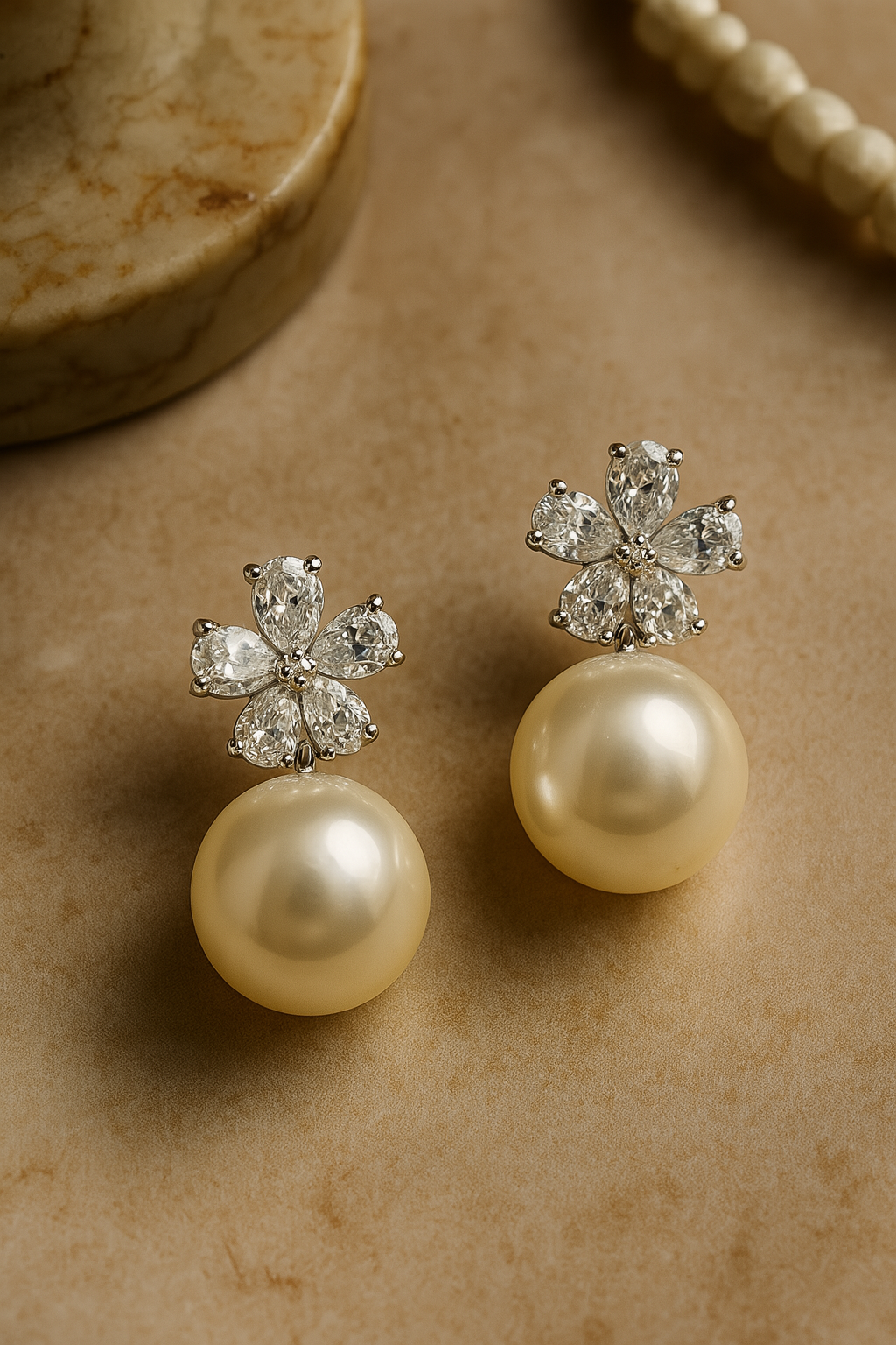 Classic cream pearl earrings with floral cubic zirconia studs and anti-tarnish silver setting