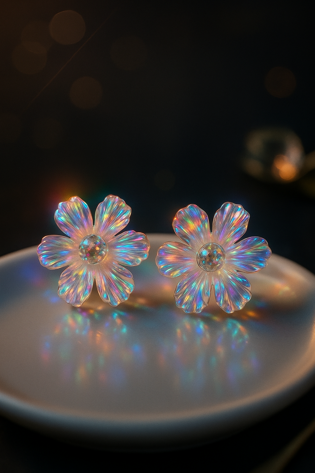 Clear flower earrings with iridescent finish, women's stud earrings