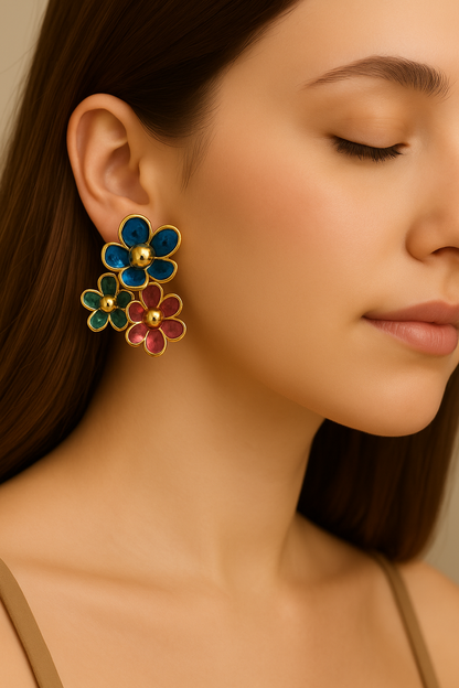 Unique enamel flower earrings with gold finish, vibrant botanical design