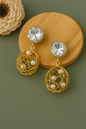 Contemporary gold anti-tarnish earrings with pearl cage drops and crystal studs – modern festive jewelry for women.