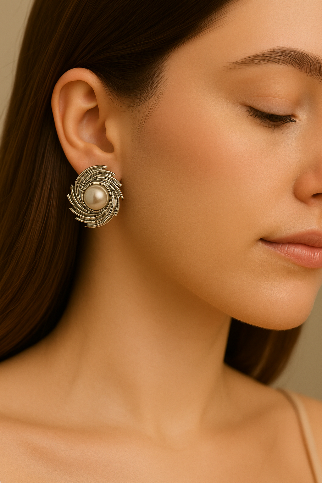 Contemporary silver statement earrings featuring central pearl and radial spiral structure, perfect gift for women’s fashion and luxury styling