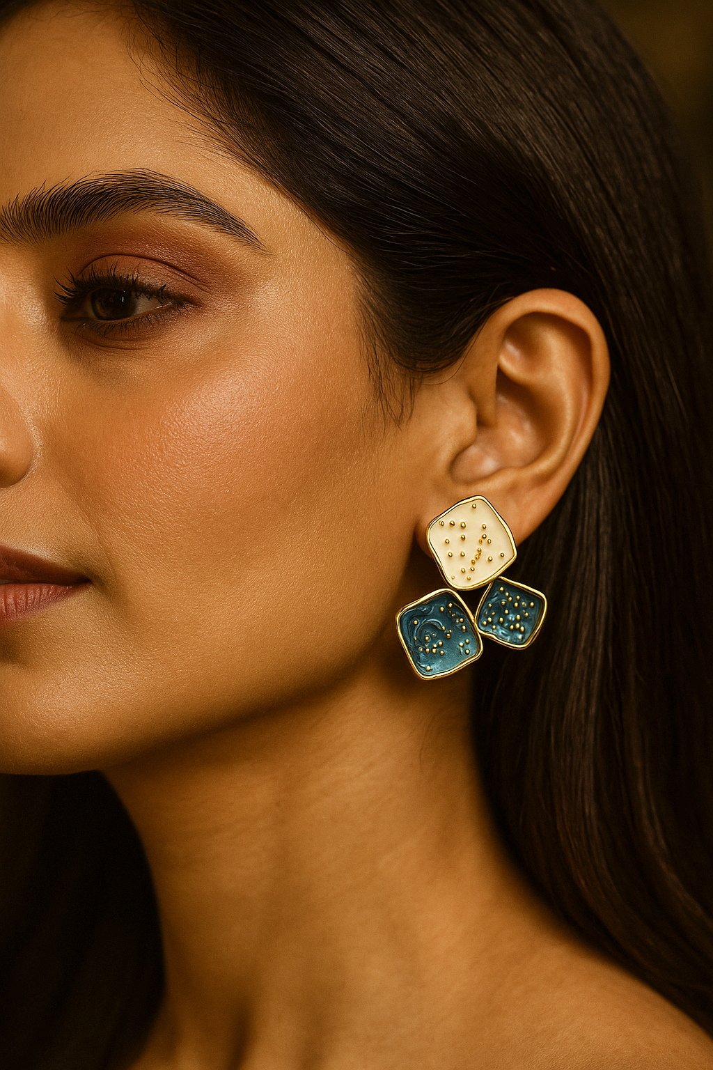 Contemporary statement earrings with gold-framed navy and cream tiles – unique geometric fashion accessory