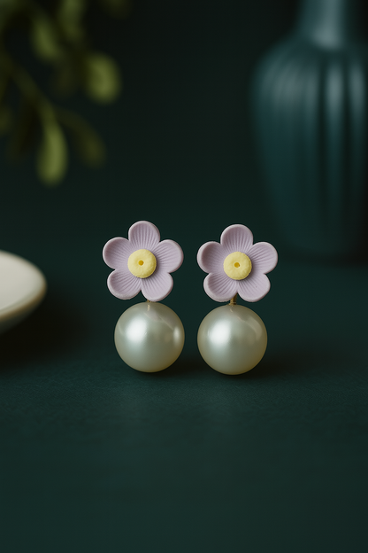 Cottagecore inspired lilac daisy earrings with large pearl drop, charming nature jewelry, unique gift