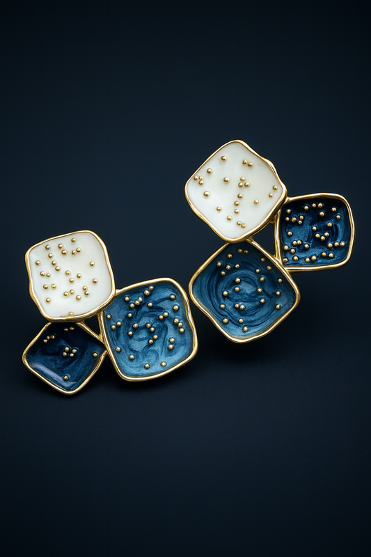 Dual-tone abstract square earrings with metallic beads – artistic handmade jewelry for women