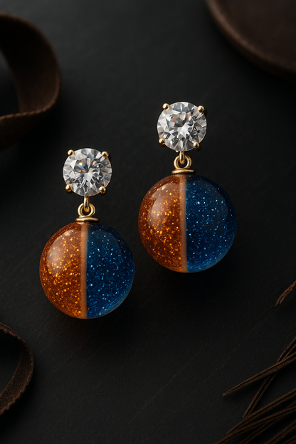Elegant Blue and Orange Glitter Half-Sphere Drop Earrings with Cubic Zirconia Studs