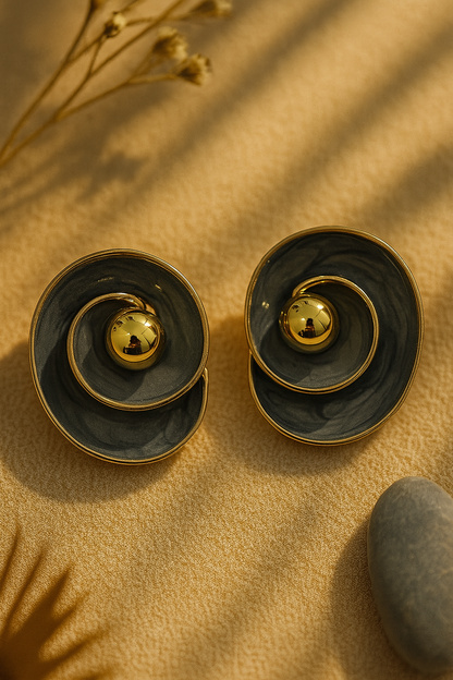 Elegant Charcoal Enamel Gold Tone Spiral Stud Earrings