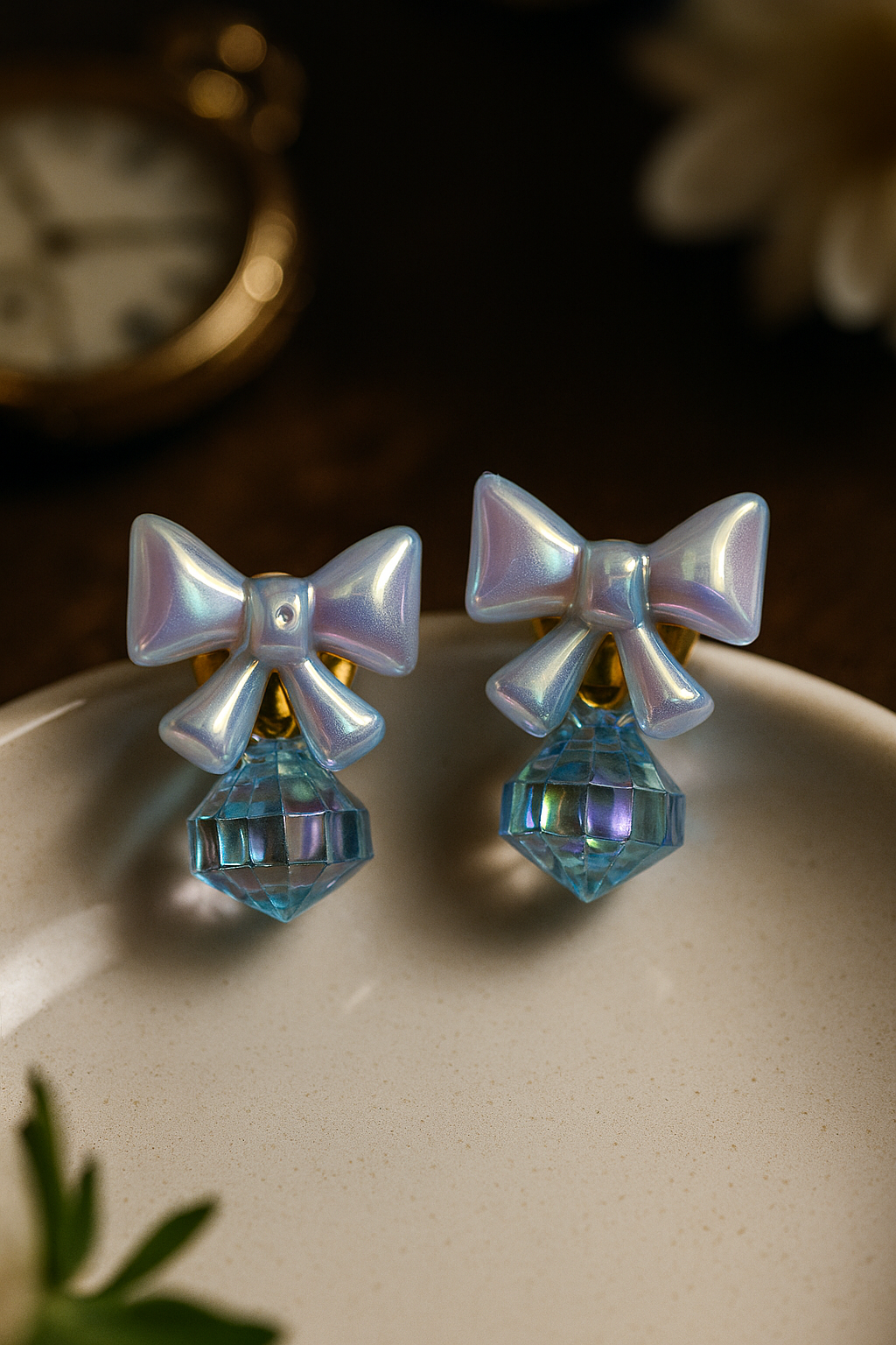 Elegant Pearlized Bow Dangle Earrings featuring Sparkling Blue Pearl Drops - Perfect for Special Occasions