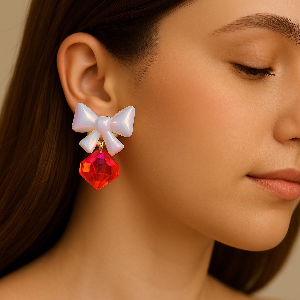 Elegant Pearlized Bow Dangle Earrings with Vibrant Red & Orange Faceted Crystal Drops - Eye-catching Jewelry