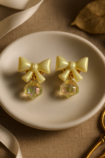 Elegant Pearlized Bow Dangle Earrings with Soft Yellow Iridescent Faceted Crystal Drops - Delicate Jewelry