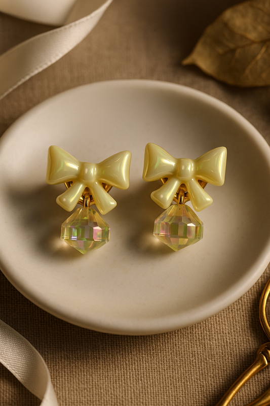 Elegant Pearlized Bow Dangle Earrings with Soft Yellow Iridescent Faceted Crystal Drops - Delicate Jewelry