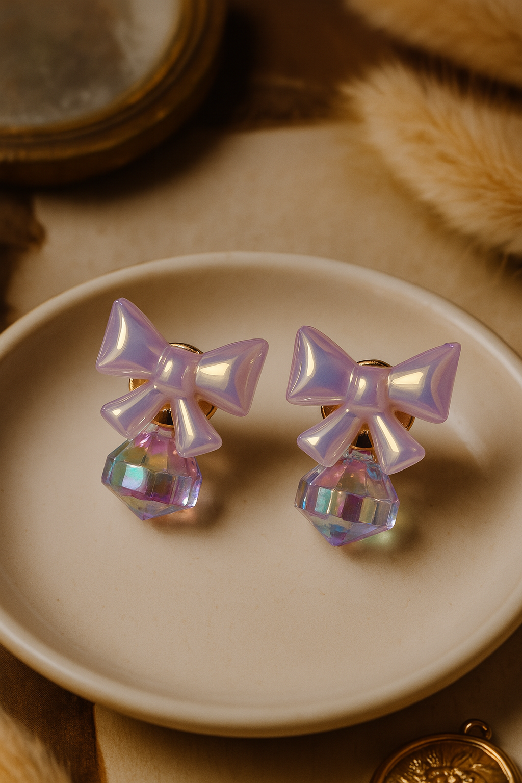 Elegant Pearlized Lavender Bow Dangle Earrings with Iridescent Rainbow Faceted Crystal Drops - Whimsical Jewelry