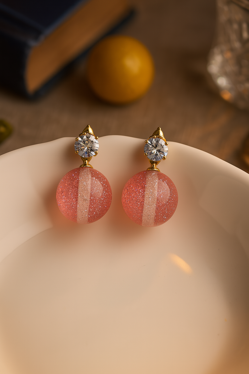 Elegant Pink Glitter Ball Drop Earrings with White Stripe and Cubic Zirconia Studs