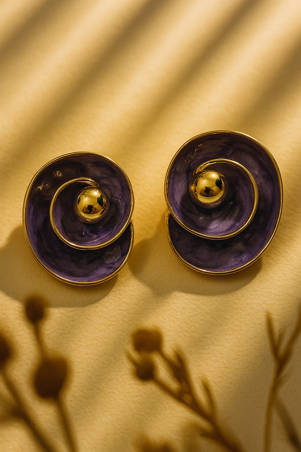 Elegant Purple Enamel Gold Tone Spiral Stud Earrings for Wome