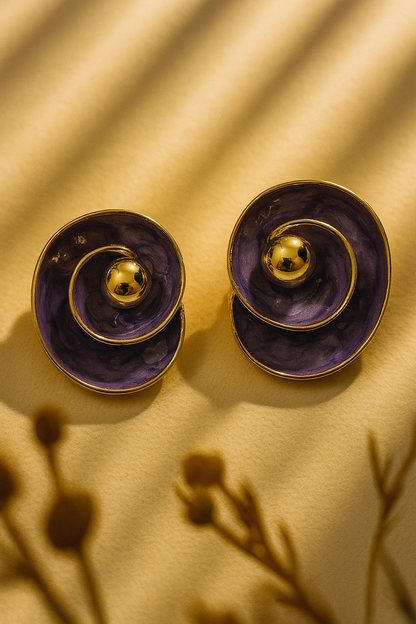 Elegant Purple Enamel Gold Tone Spiral Stud Earrings for Wome