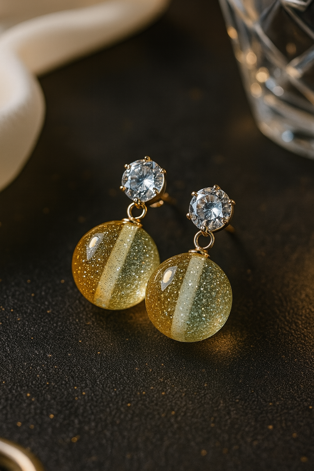Elegant Yellow Glitter Ball Drop Earrings with White Stripe and Cubic Zirconia Studs