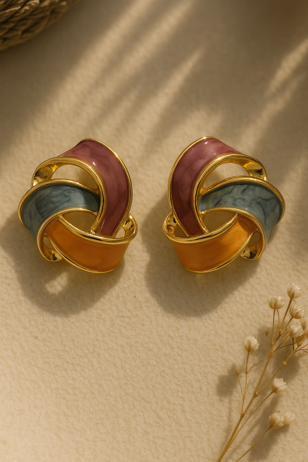 Chic intertwined stud earrings featuring pink, teal, and amber enamel with gold accents – perfect for festive and party wear.