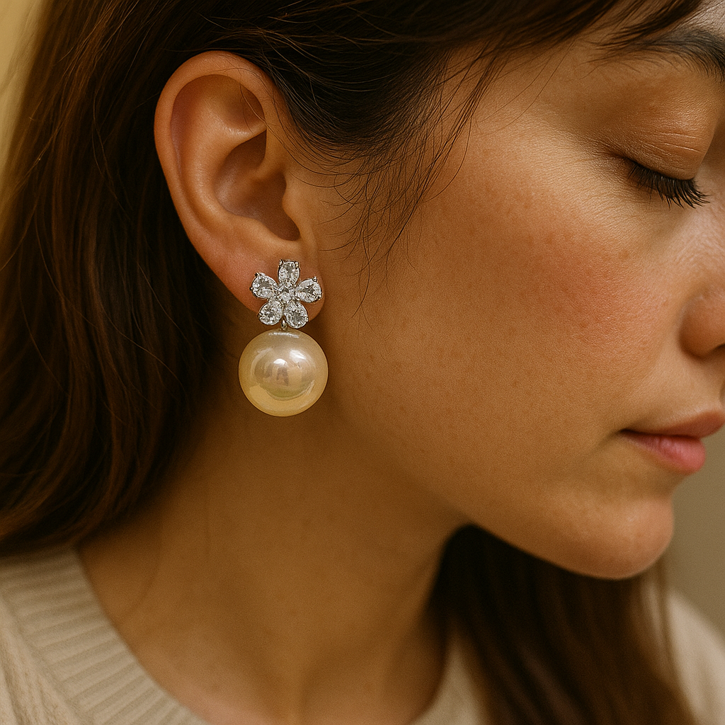 Elegant anti-rust pearl drop earrings featuring ivory pearls and diamond-cut flower tops
