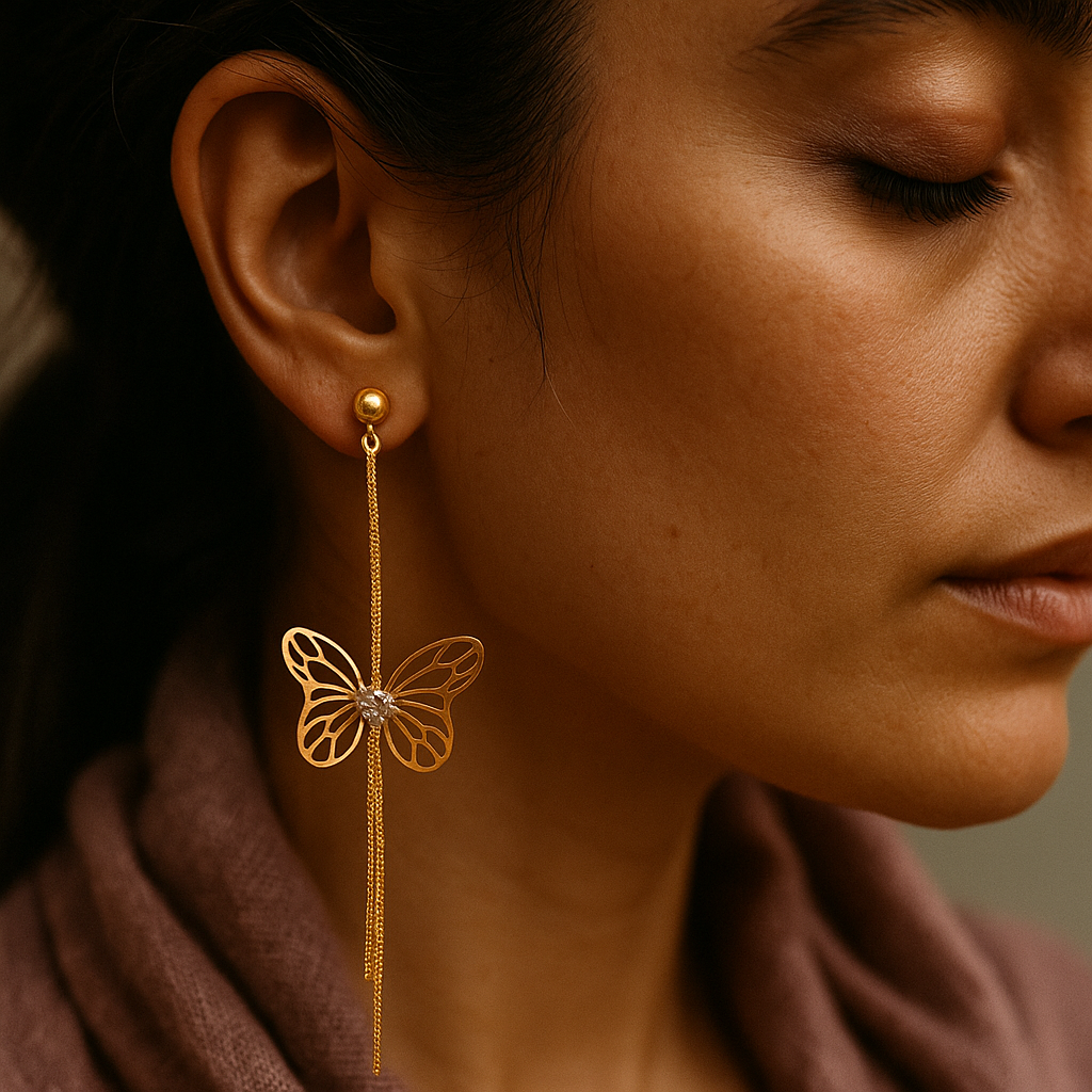 Elegant butterfly drop earrings in anti-tarnish gold finish with cutout wings and sparkling stone