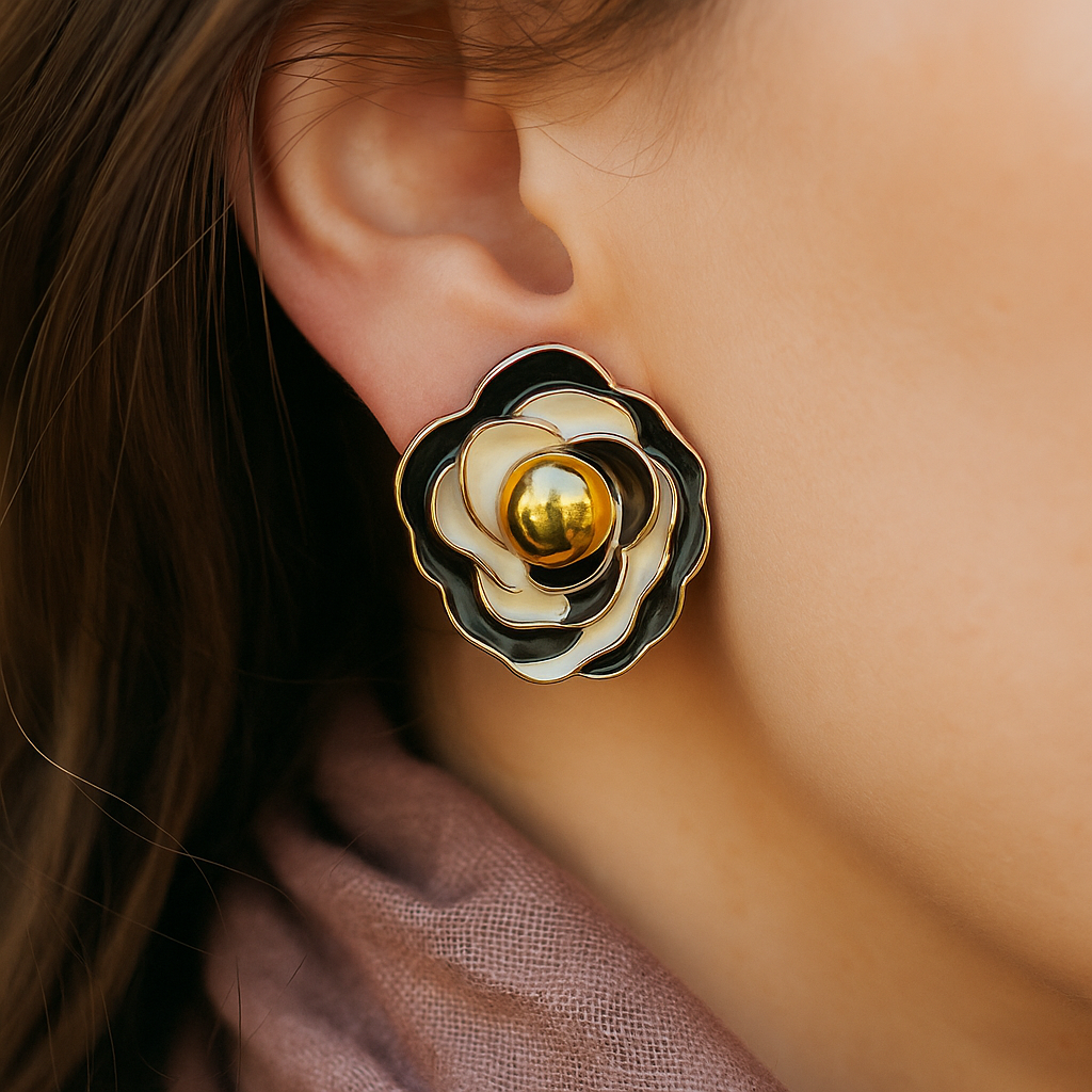 Elegant dual-tone floral earrings with gold detailing – handcrafted black and white statement studs
