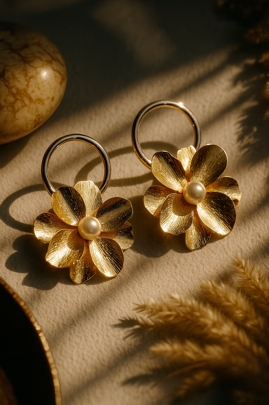 Elegant gold floral earrings with pearl center, loop-top design, luxury jewelry flat lay under warm studio lighting – perfect accessory for festive and bridal wear