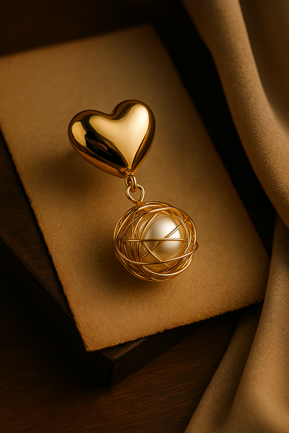 Elegant golden heart and pearl cage drop earrings – designer dangle earrings for parties and events
