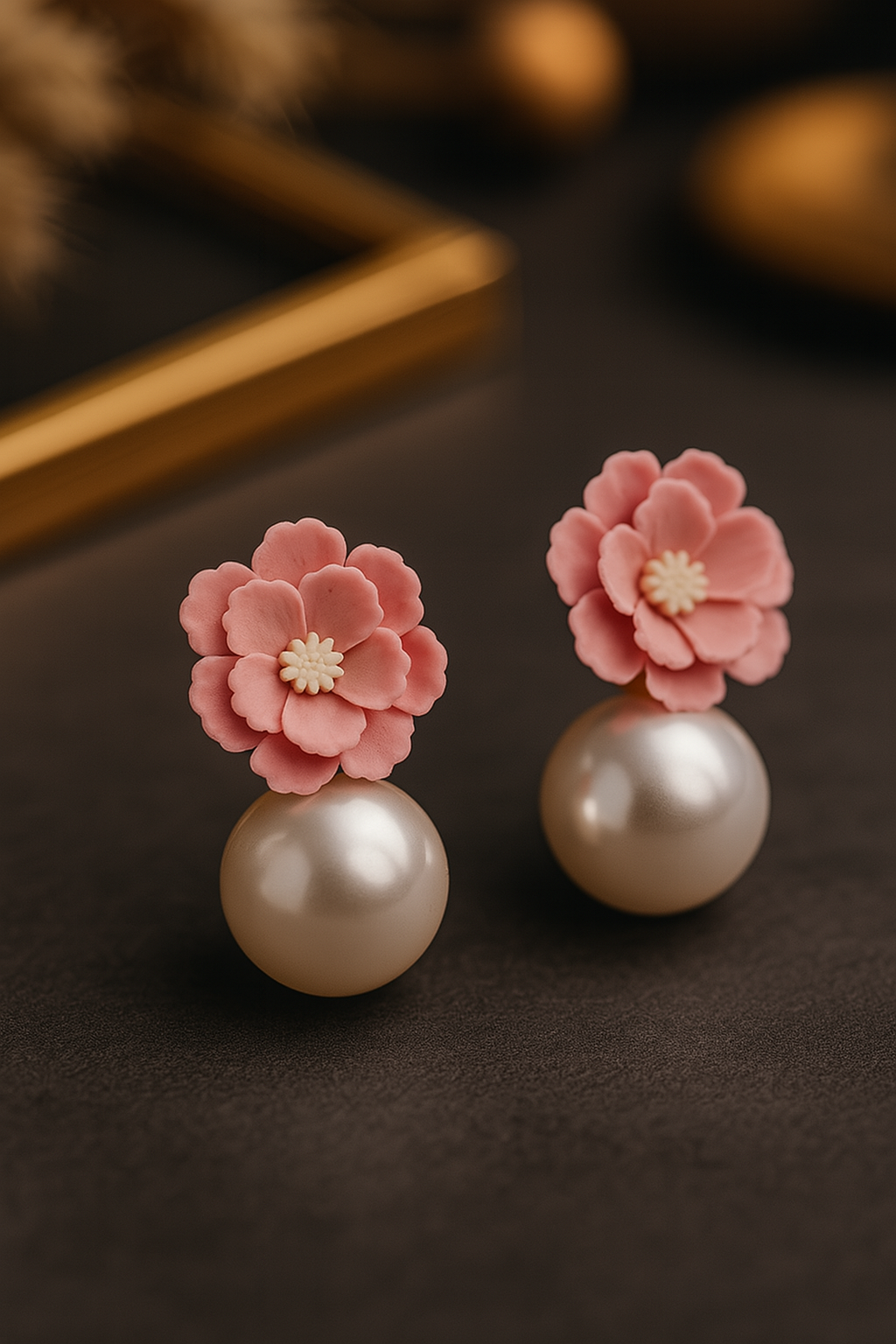Elegant handmade pink flower and pearl drop earrings – perfect for wedding or festive wear