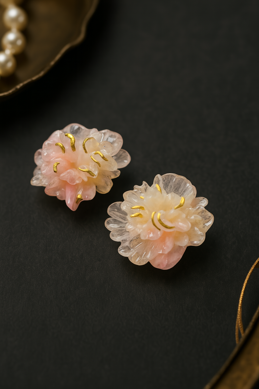Elegant pastel pink resin flower stud earrings – handcrafted translucent blooms with gold accents for women