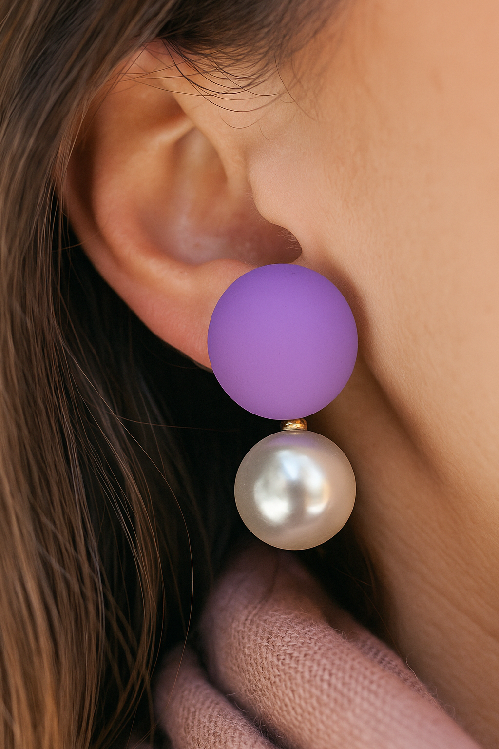 Elegant round purple and pearl drop earrings – trendy handmade accessory for festive and casual wear