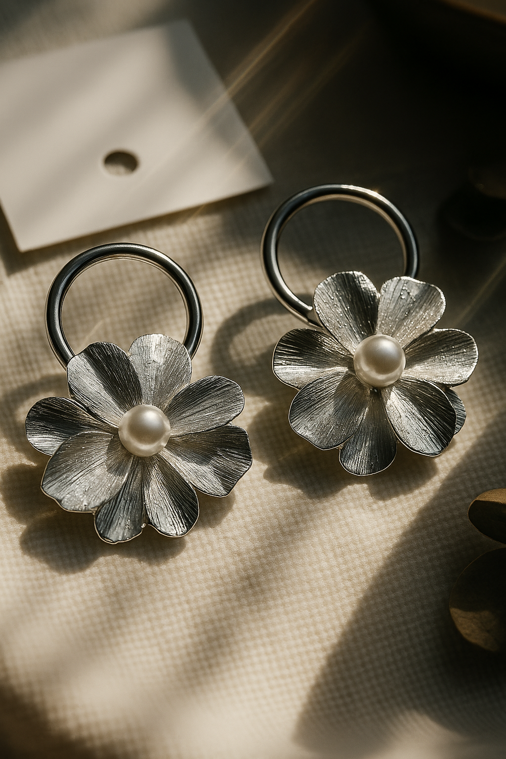 Elegant silver floral earrings with pearl center and hoop design, modern handcrafted jewelry for festive wear and contemporary gifting