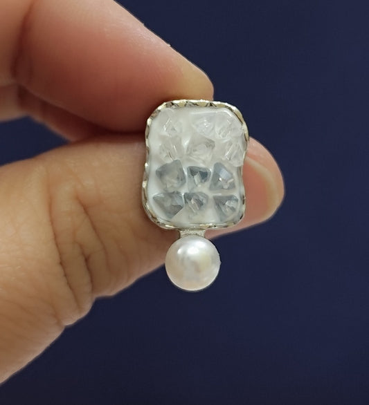 Elegant square stud earrings with textured white stone and pearl drop – statement earrings for women