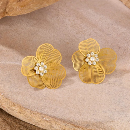 Elegant stainless steel floral earrings with crystal and pearl detailing – vintage-inspired gold studs