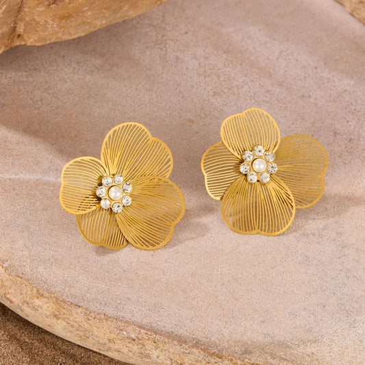 Elegant stainless steel floral earrings with crystal and pearl detailing – vintage-inspired gold studs