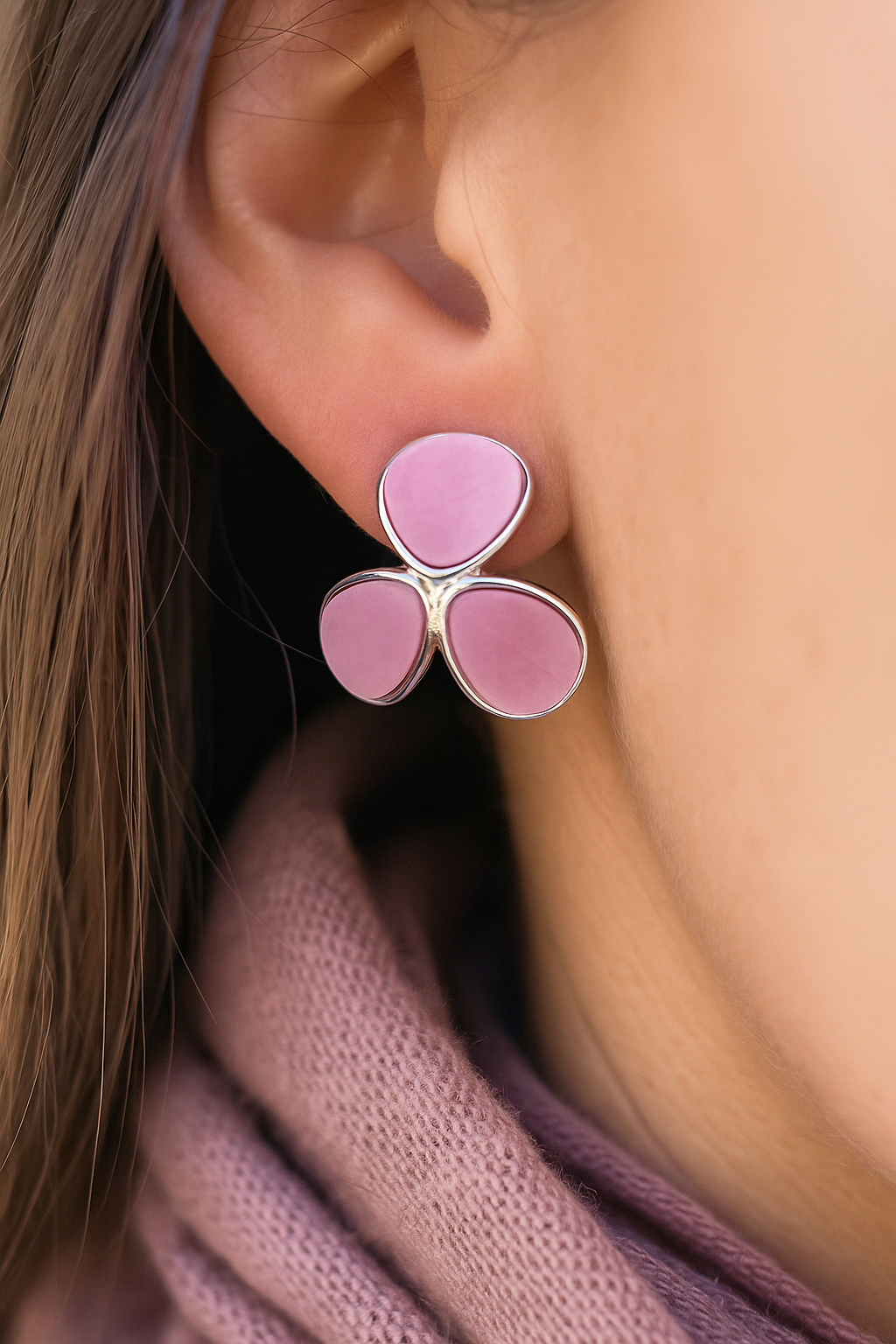 Elegant triple petal-shaped pink anti-tarnish earrings for women, perfect for casual and festive wear