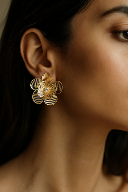 Elegant wired floral metal earrings with crystal center – trendy gold statement studs for women