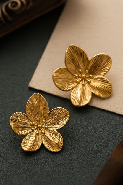 Five-leaf golden metal alloy stud earrings – elegant floral design for festive and formal wear