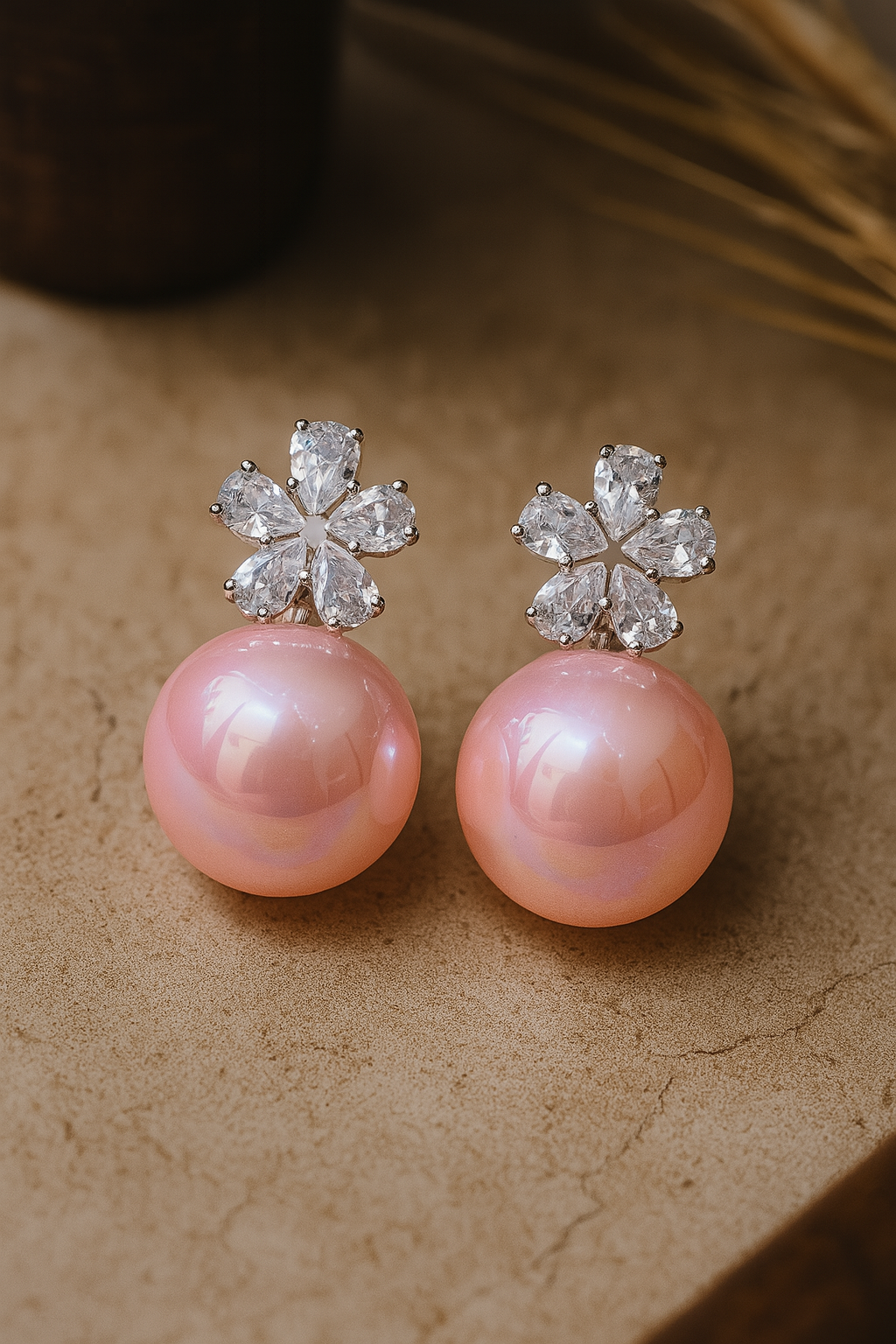 Floral crystal stud earrings with glossy pink pearl drops and anti-tarnish silver setting