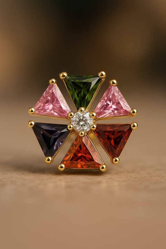 Floral design anti-tarnish earrings with vibrant gemstones and center diamond accent – hypoallergenic jewelry