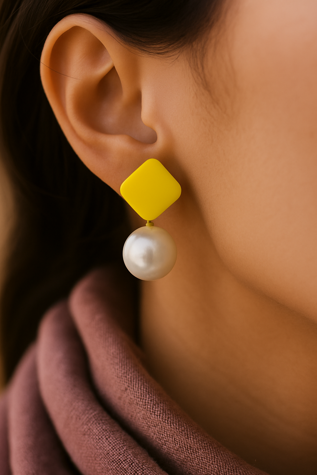 Geometric yellow clay earrings with pearl drop – lightweight statement earrings for women