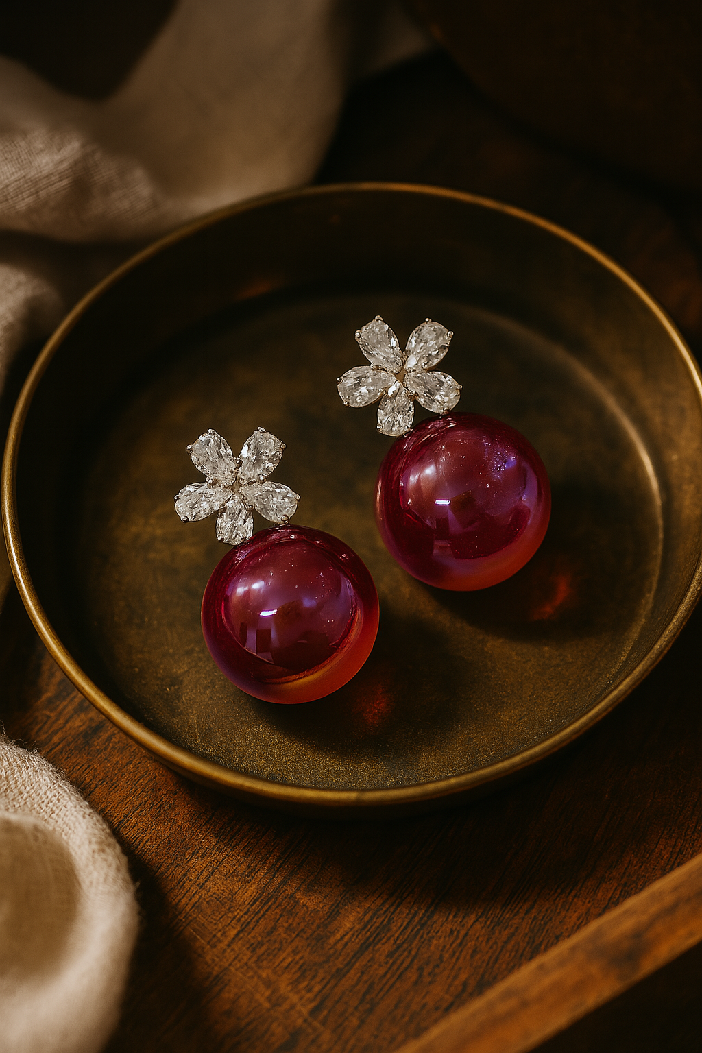 Glossy red pearl stud earrings with floral cubic zirconia tops and anti-tarnish silver finish