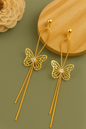 Gold-tone anti-tarnish butterfly earrings with long dangle chains and crystal centerpiece.