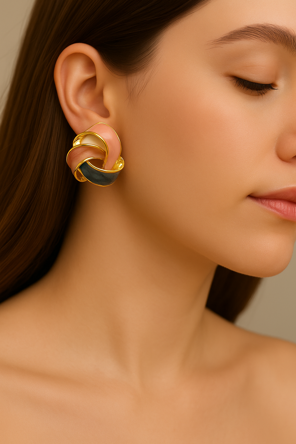 Chic abstract knot earrings in pink, brown, and teal enamel – premium anti-tarnish accessory for special occasions