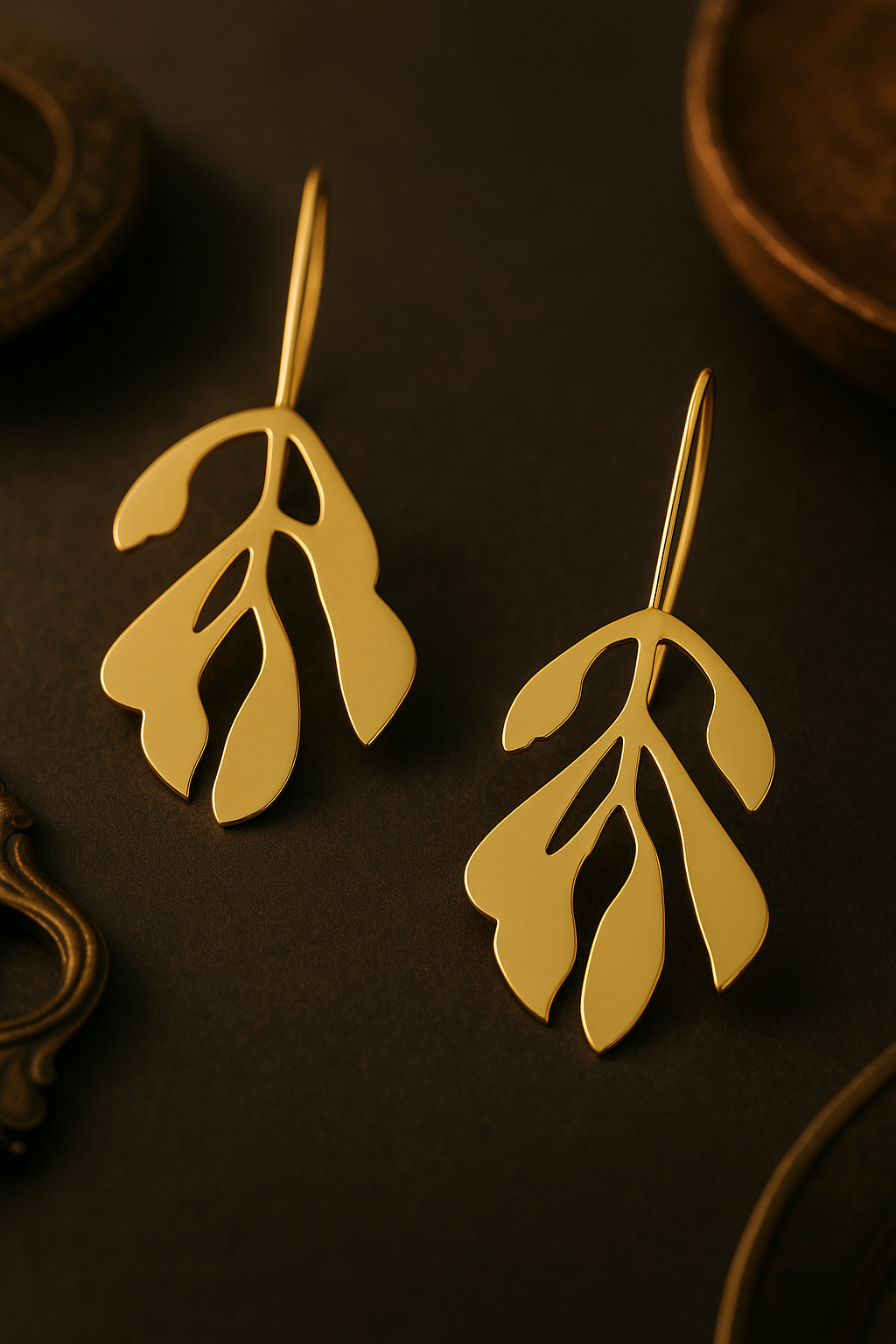Gold abstract leaf drop earrings in modern artistic design for women