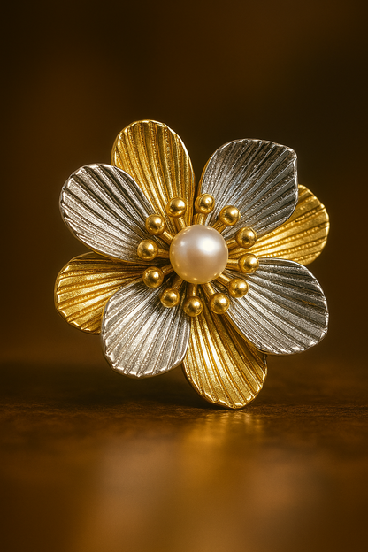Gold and silver petal earrings with central pearl bead – premium anti-tarnish designer jewelry for parties and occasions