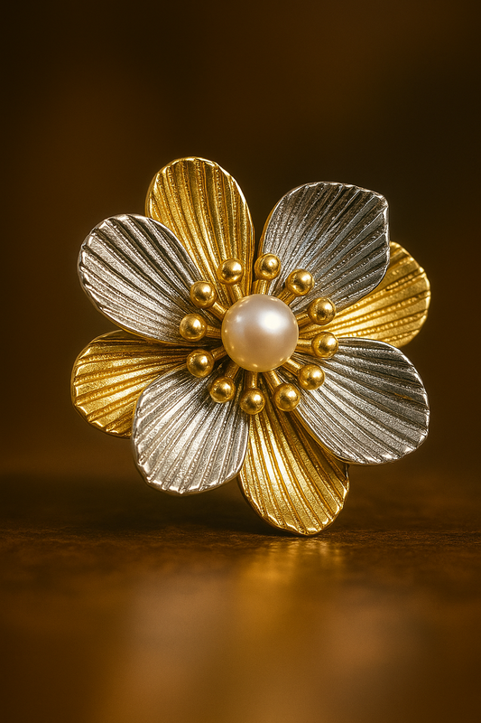 Gold and silver petal earrings with central pearl bead – premium anti-tarnish designer jewelry for parties and occasions