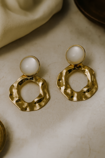 Gold and white abstract dangle earrings, textured metallic drop earrings, contemporary fashion accessory